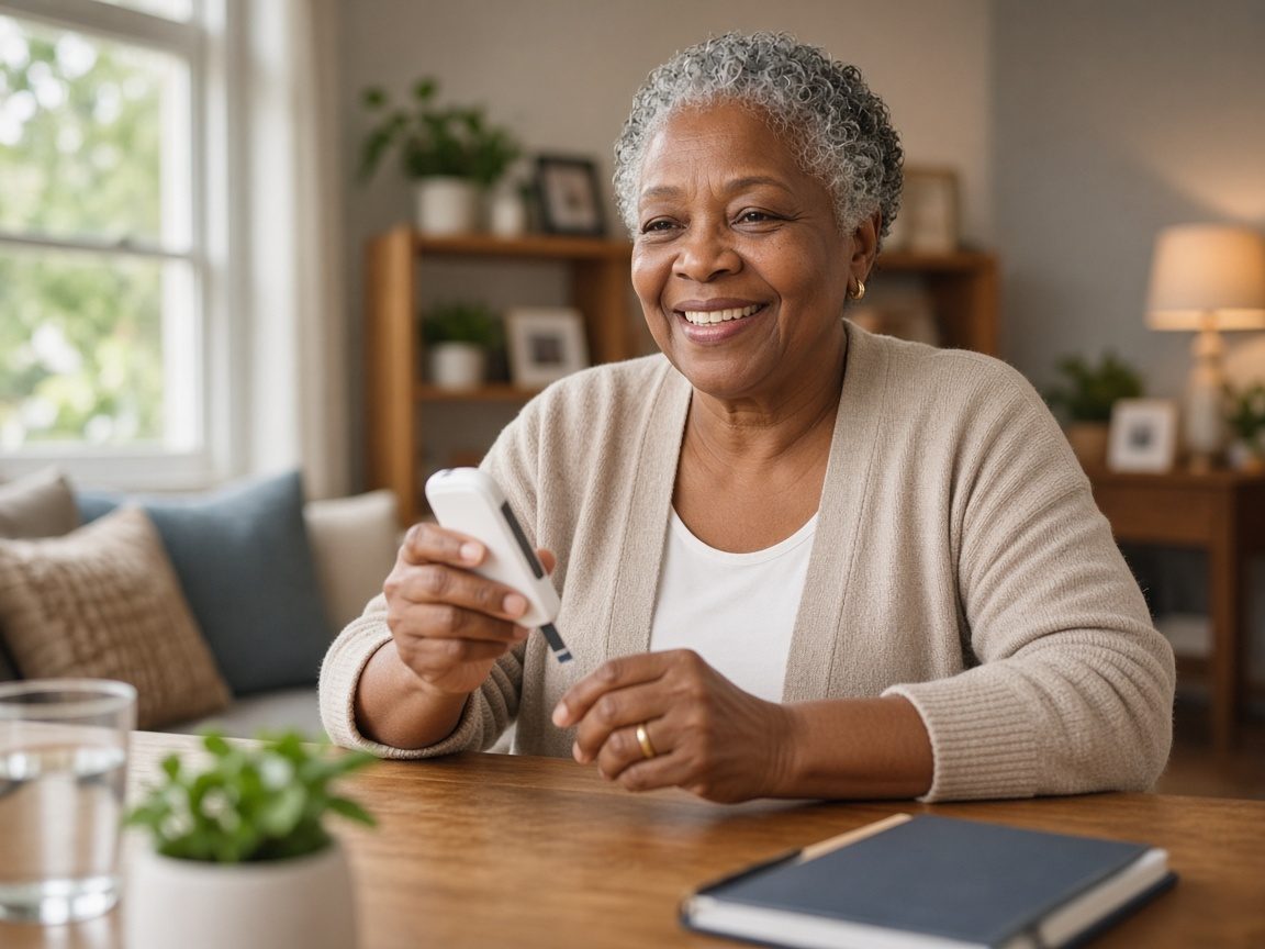 A smiling older woman holding a compact glucose meter at her living room table