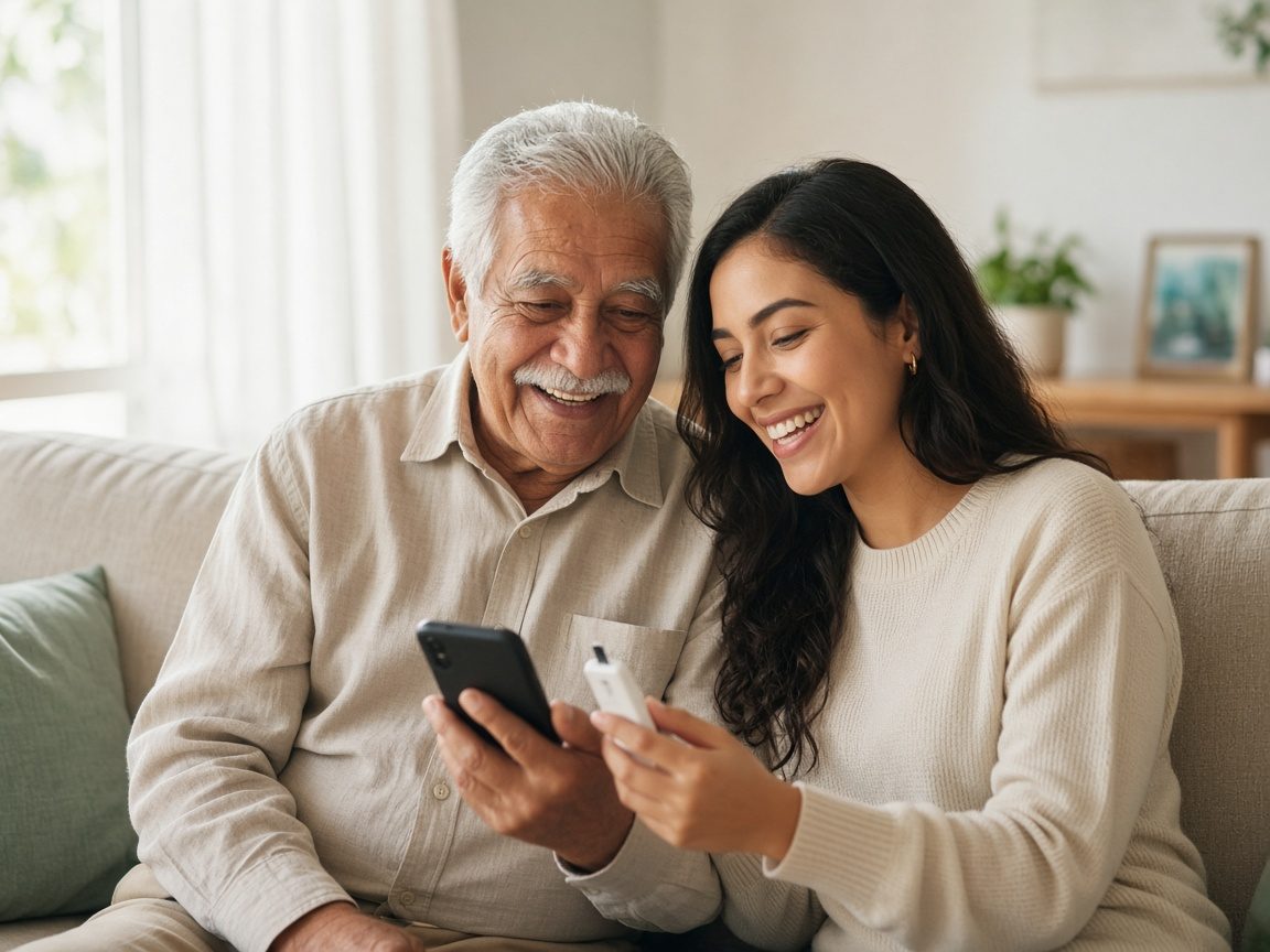 A grandfather and his granddaughter smiling together over a smartphone and a glucose meter