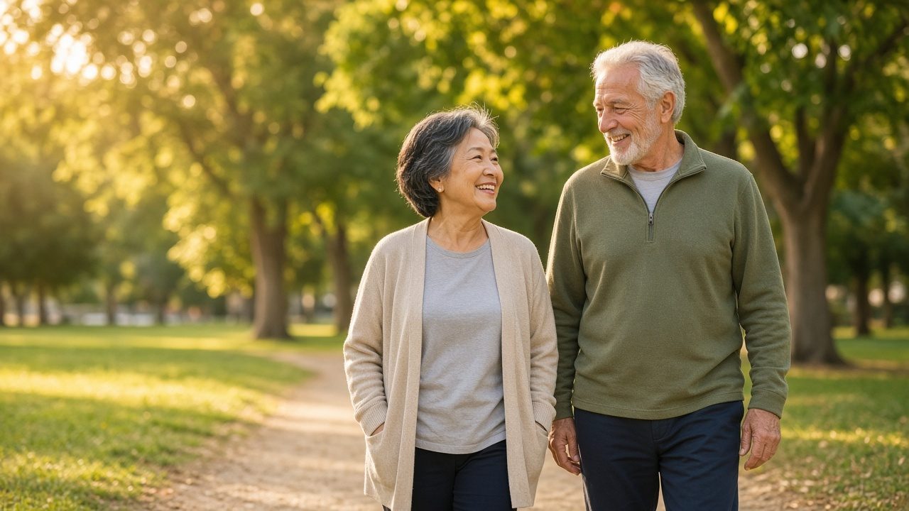 Two smiling older adults walking together on a sunny park path